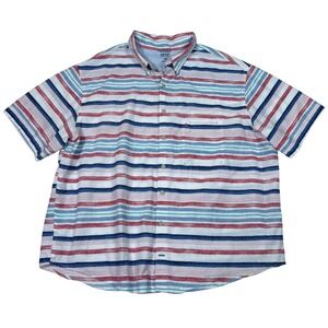 IZOD Saltwater Mens 2XL Short Sleeve Button Down Shirt Striped Cotton Beachwear